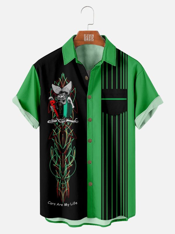 Men's Hawaiian Shirt with Pocket - Rat Fink Hot Rod Pinstripe Retro Summer Shirt