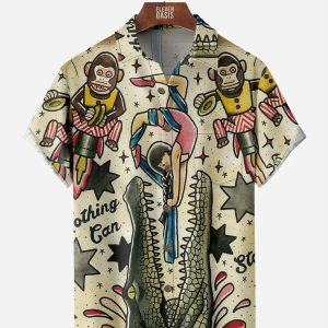 Men's Hawaiian Shirt - Vintage Circus Monkey & Crocodile Print Casual Summer Shirt