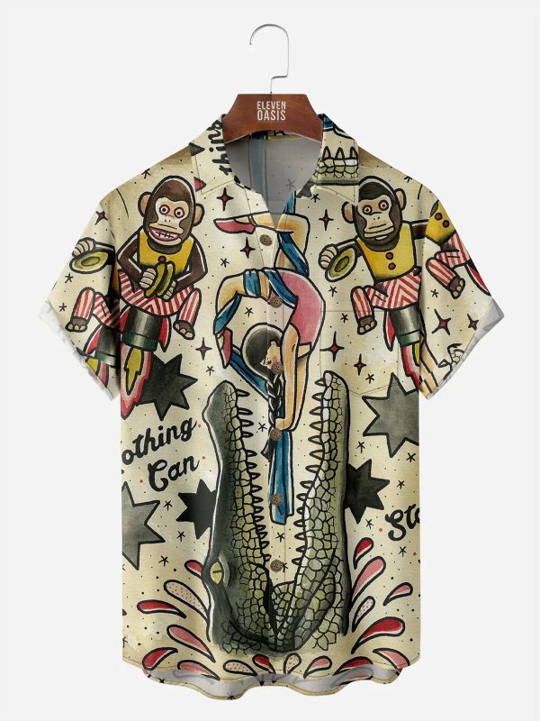 Men's Hawaiian Shirt - Vintage Circus Monkey & Crocodile Print Casual Summer Shirt