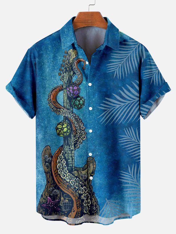 Men's Hawaiian Shirt - Deep Sea Guitar Pattern Ocean Music Polyester Summer Shirt