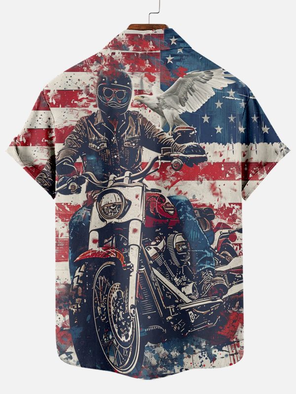 Men's Hawaiian Shirt - American Flag Motorcycle Print Polyester Summer Shirt - Image 2