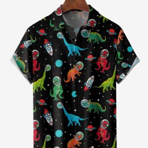 Men's Hawaiian Shirt - Space Dinosaur Galaxy Print Polyester Quirky Casual Summer Shirt