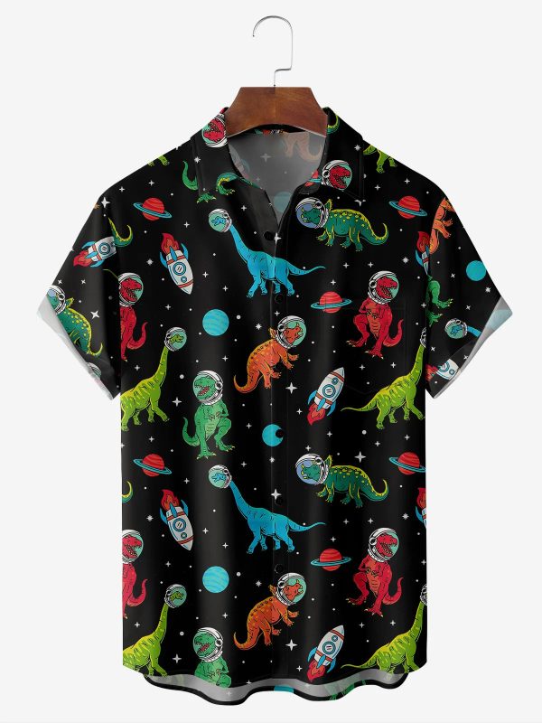 Men's Hawaiian Shirt - Space Dinosaur Galaxy Print Polyester Quirky Casual Summer Shirt