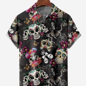 Men's Hawaiian Shirt - Skulls and Skeletons Graphic Print Polyester Casual Summer Shirt