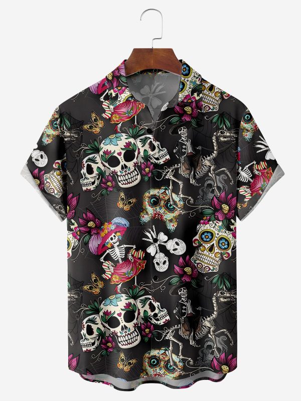 Men's Hawaiian Shirt - Skulls and Skeletons Graphic Print Polyester Casual Summer Shirt
