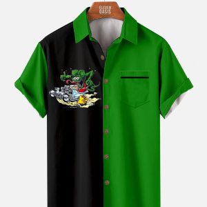 Men's Hawaiian Shirt with Pocket - Rat Fink Hot Rod Cartoon Car Culture Shirt