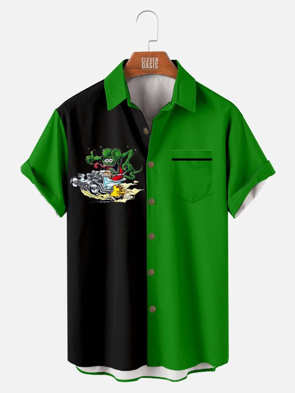 Men's Hawaiian Shirt with Pocket - Rat Fink Hot Rod Cartoon Car Culture Shirt
