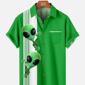 Men's Hawaiian Shirt with Pocket - Alien Stripe Print Retro Bowling Style Shirt