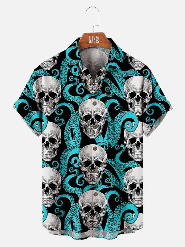 Men's Hawaiian Shirt - Cthulhu Octopus Skull Pattern Dark Fantasy Polyester Summer Shirt