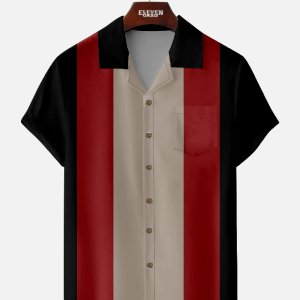 Men's Hawaiian Shirt - Retro Color-Block Panel Stripe Camp Collar Polyester Summer Style
