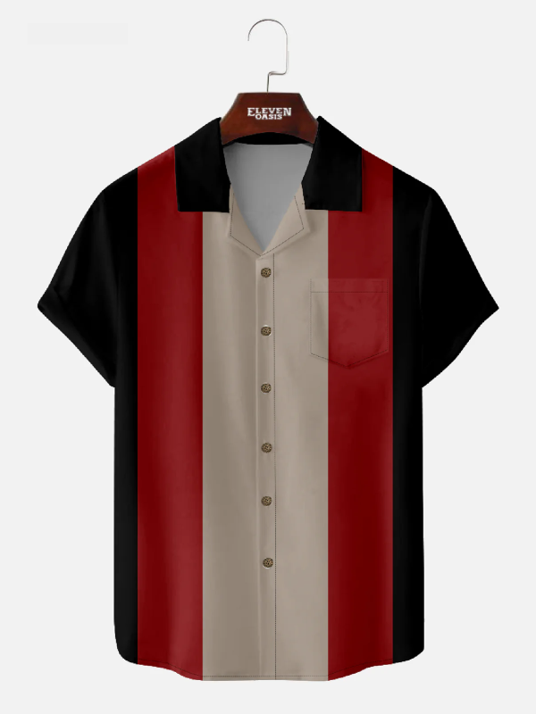 Men's Hawaiian Shirt - Retro Color-Block Panel Stripe Camp Collar Polyester Summer Style