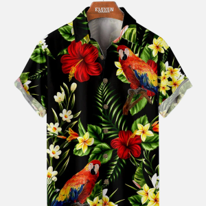 Men's Hawaiian Shirt - Tropical Parrot and Floral Leaf Print Polyester Casual Summer Shirt