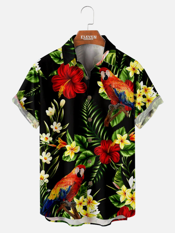 Men's Hawaiian Shirt - Tropical Parrot and Floral Leaf Print Polyester Casual Summer Shirt