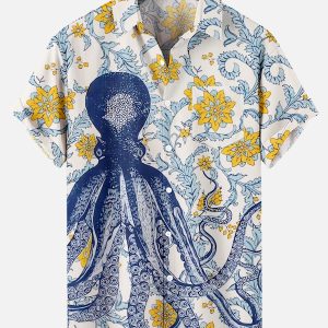 Men's Hawaiian Shirt - Octopus and Floral Print Ocean-Inspired Polyester Casual Summer Shirt