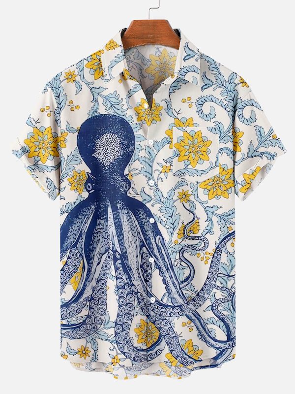 Men's Hawaiian Shirt - Octopus and Floral Print Ocean-Inspired Polyester Casual Summer Shirt