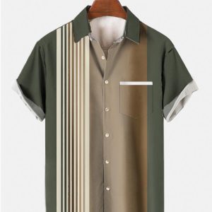 Men's Hawaiian Shirt - Army Green Color-Block Vintage Style Summer Shirt