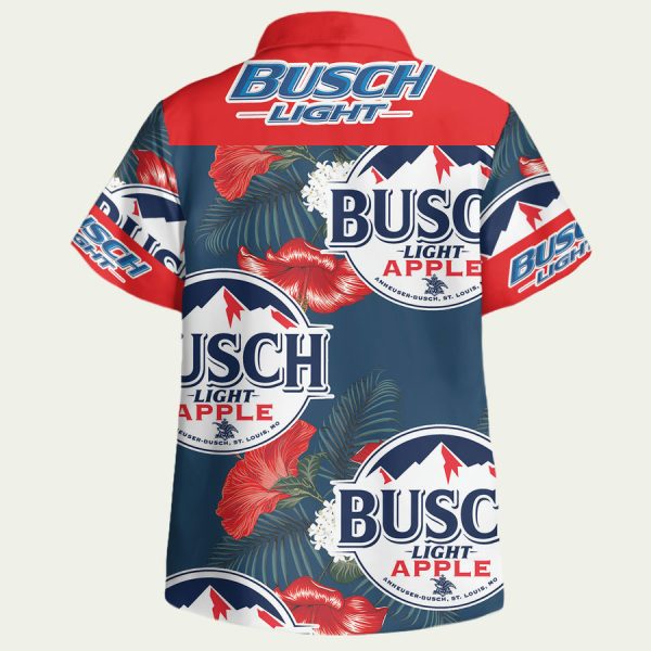 Busch Light Apple Logo Hawaiian Shirt with Blue Hibiscus Print - Image 2
