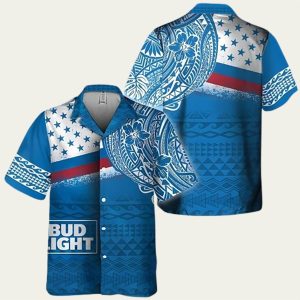 Bud Light Hawaiian Shirt with Polynesian Tribal Blue Design