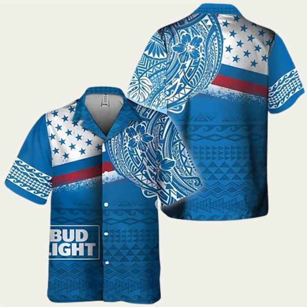 Bud Light Hawaiian Shirt with Polynesian Tribal Blue Design