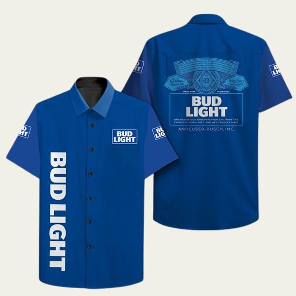 Bud Light Logo Hawaiian Shirt Featuring Blue Tropical Motif