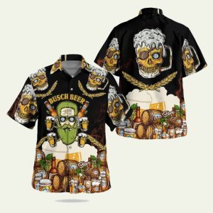 Busch Beer Skull Face Hawaiian Shirt with Barley Background