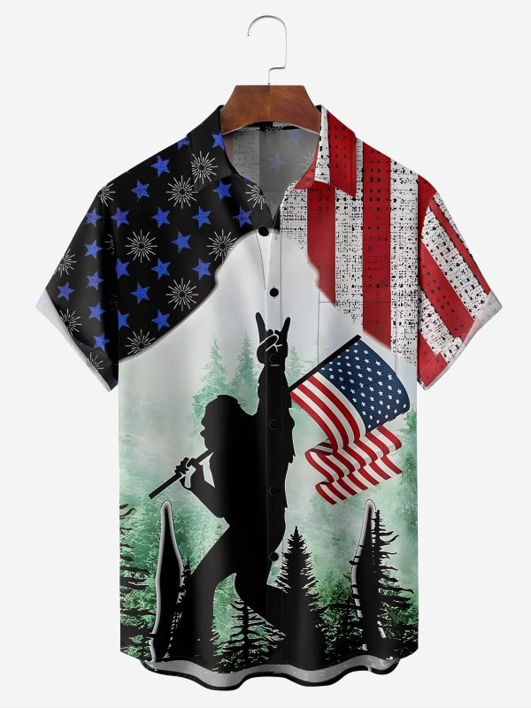 Men's Hawaiian Shirt - American Flag Bigfoot Rock and Roll Print Polyester Summer Shirt
