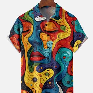 Men's Hawaiian Shirt - Abstract Art Face and Lips Print Polyester Casual Summer Shirt