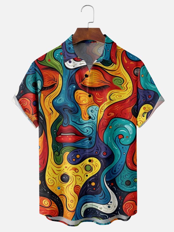 Men's Hawaiian Shirt - Abstract Art Face and Lips Print Polyester Casual Summer Shirt