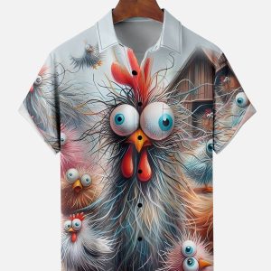 Men's Hawaiian Shirt - Wild Roosters and Crazy Chicken Print Polyester Humorous Summer Shirt