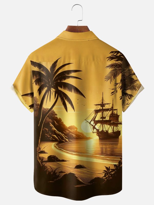 Men's Hawaiian Shirt - Distant Ship and Palm Tree Beach View Polyester Tropical Summer Shirt - Image 2