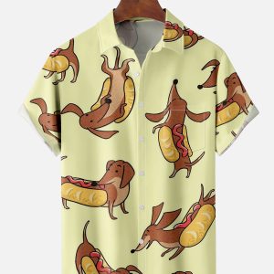 Men's Hawaiian Shirt - Literal Hot Dogs and Dachshund Print Polyester Fun Summer Shirt