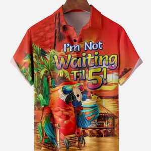 Men's Hawaiian Shirt - Parrot Cocktail Print with Funny 5 O'Clock Quote Polyester Summer Shirt