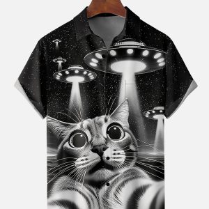 Men's Hawaiian Shirt - Cat Abducted by Aliens Funny Sci-Fi Polyester Casual Summer Shirt