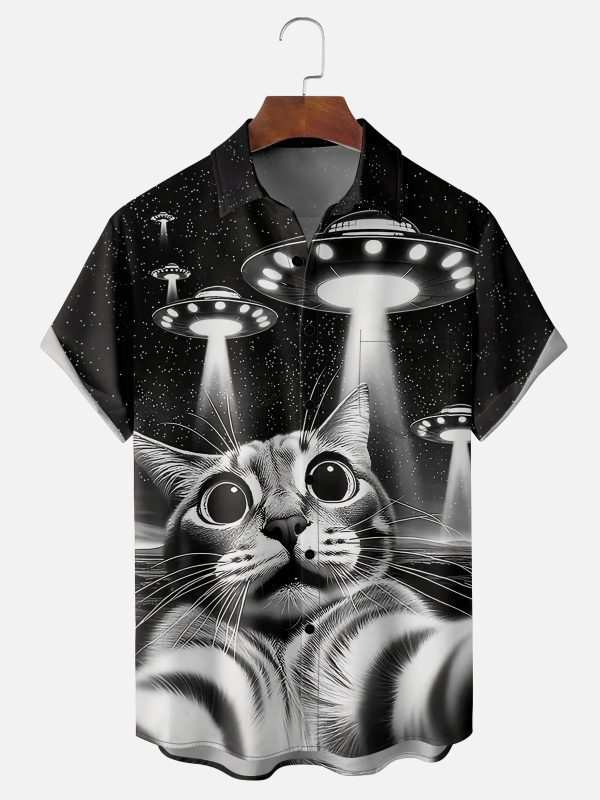 Men's Hawaiian Shirt - Cat Abducted by Aliens Funny Sci-Fi Polyester Casual Summer Shirt