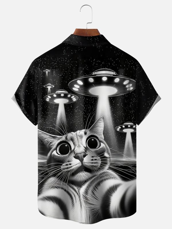 Men's Hawaiian Shirt - Cat Abducted by Aliens Funny Sci-Fi Polyester Casual Summer Shirt - Image 2