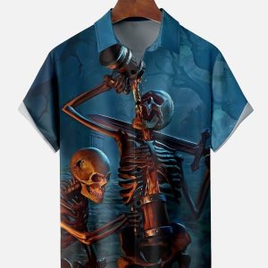 Men's Hawaiian Shirt - Skeletons and Skulls Drinking Print Polyester Dark Humor Shirt