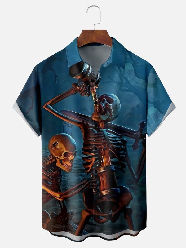 Men's Hawaiian Shirt - Skeletons and Skulls Drinking Print Polyester Dark Humor Shirt