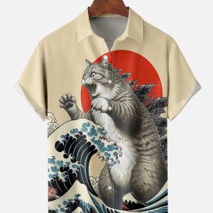 Men's Hawaiian Shirt - Catzilla Meowzilla Cat Dinosaur Japan-Inspired Polyester Summer Shirt