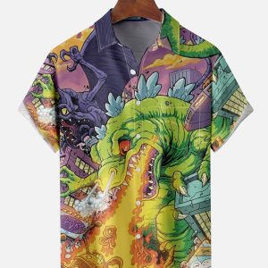 Men's Hawaiian Shirt - Fire-Breathing Dinosaur and Dragon Print Polyester Summer Shirt