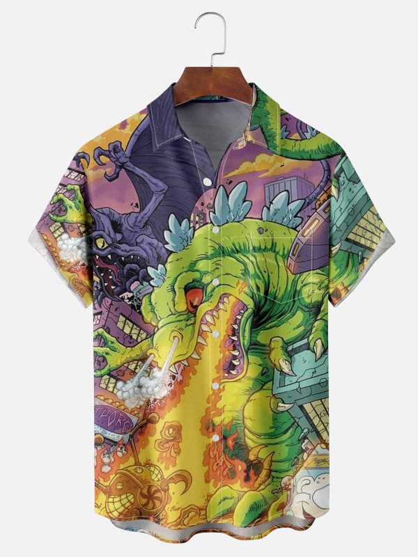 Men's Hawaiian Shirt - Fire-Breathing Dinosaur and Dragon Print Polyester Summer Shirt