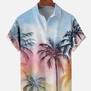 Men's Hawaiian Shirt - Palm Trees Silhouette Against Twilight Sky Polyester Tropical Summer Shirt