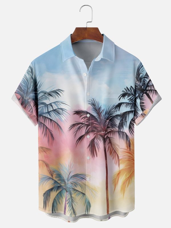 Men's Hawaiian Shirt - Palm Trees Silhouette Against Twilight Sky Polyester Tropical Summer Shirt