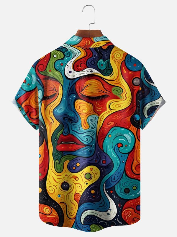Men's Hawaiian Shirt - Abstract Art Face and Lips Print Polyester Casual Summer Shirt - Image 2