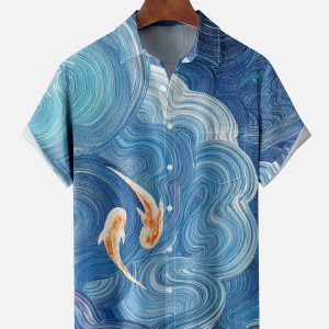 Men's Hawaiian Shirt - Hand-Painted Koi Pond Print Polyester Casual Summer Shirt