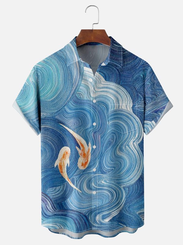 Men's Hawaiian Shirt - Hand-Painted Koi Pond Print Polyester Casual Summer Shirt