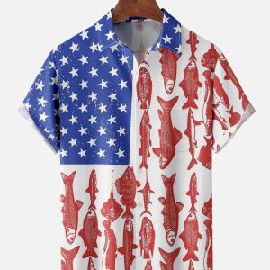 Men's Hawaiian Shirt - American Flag Fishing Print Polyester Casual Summer Shirt