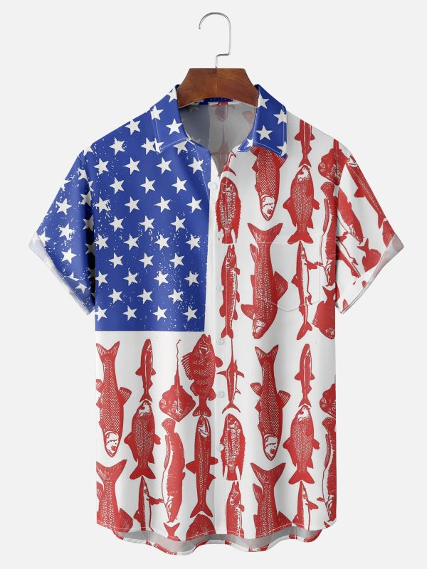 Men's Hawaiian Shirt - American Flag Fishing Print Polyester Casual Summer Shirt