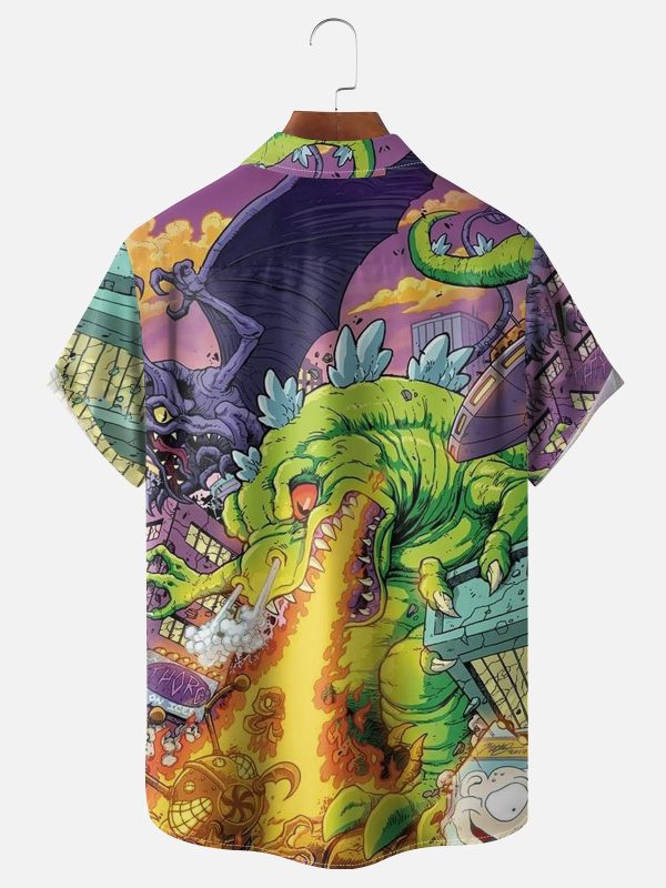Men's Hawaiian Shirt - Fire-Breathing Dinosaur and Dragon Print Polyester Summer Shirt - Image 2
