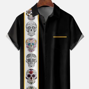 Men's Hawaiian Shirt - Sugar Skulls Striped Bowling Design Casual Polyester Summer Shirt