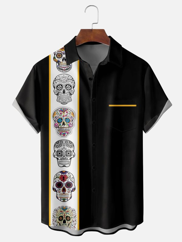 Men's Hawaiian Shirt - Sugar Skulls Striped Bowling Design Casual Polyester Summer Shirt